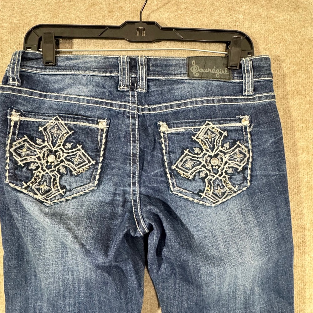 Y2K Soundgirl Bootcut Jeans Womens 11 Distressed Cross Embroidered Pocket Grunge